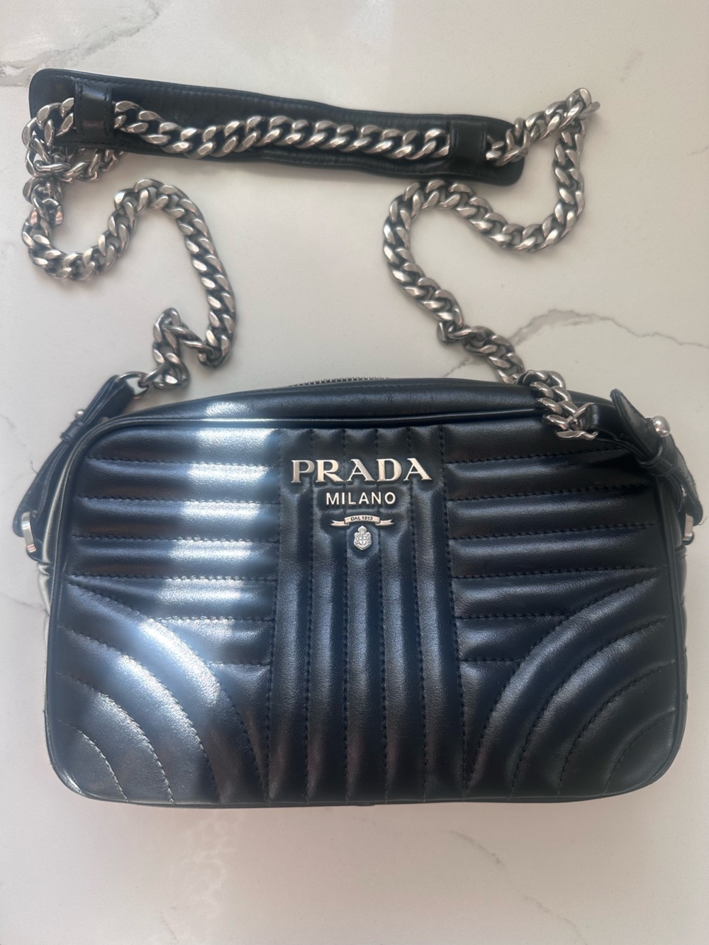 PRADA Soft Calfskin Diagramme Crossbody Bag — Black